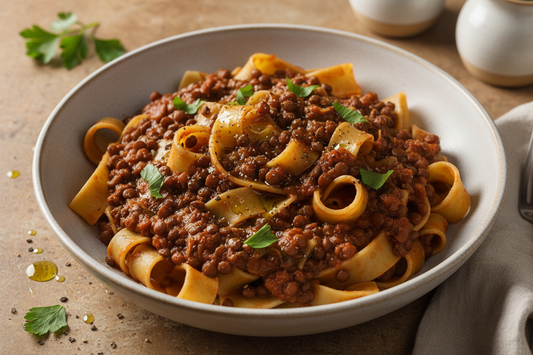 Overhead, wide ceramic bowl, deep rich ragù over pappardelle with parsley and olive oil on a warm stone surface.