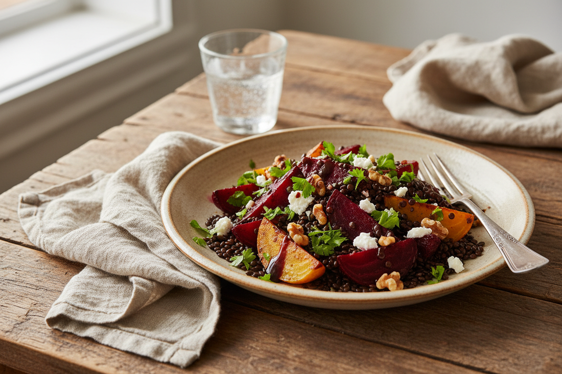 angled shot on a linen-set dining table with a fork, linen napkin, and a glass of water softly out of focus in the background. 