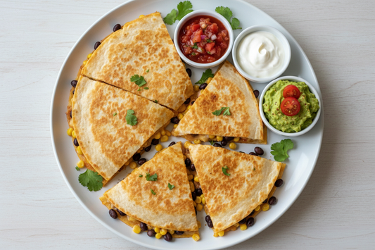 Crispy quesadillas cut into wedges showing melted cheese, chicken, black beans, and corn filling with sour cream and salsa