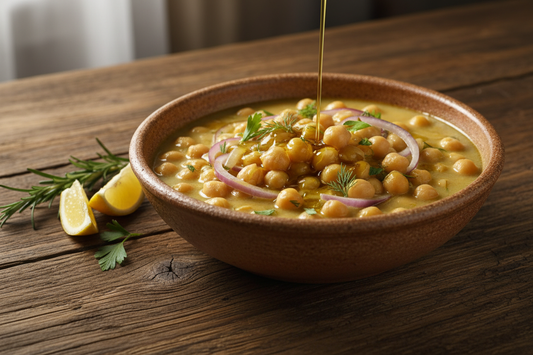 Rustic bowl of creamy chickpea stew (revithia) with tender golden chickpeas, sliced onions, and fresh rosemary, drizzled with olive oil and served with lemon wedges