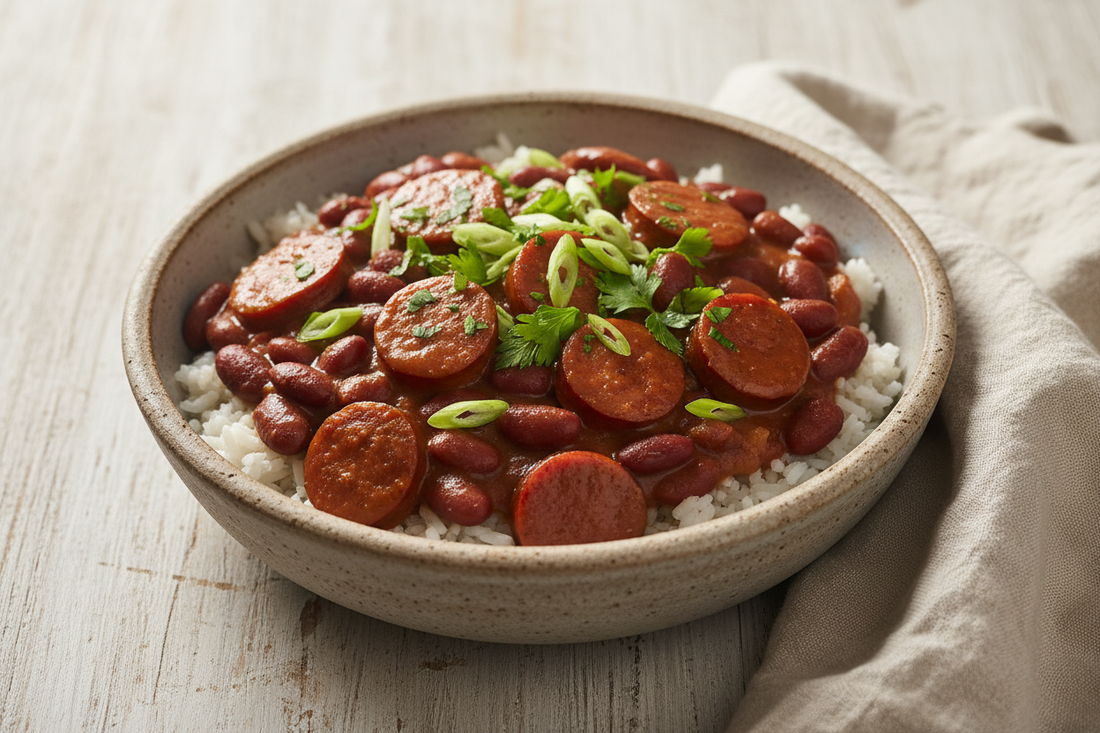 A bowl of Louisiana-style red beans and rice with smoked andouille sausage in a thick creamy sauce, topped with sliced green onions and fresh parsley, styled on a wooden surface with a linen napkin.