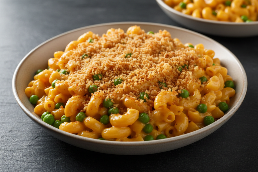  wide shallow bowl of mac and cheese with glossy cheese sauce, bright green peas, and golden toasted breadcrumbs on a dark slate surface