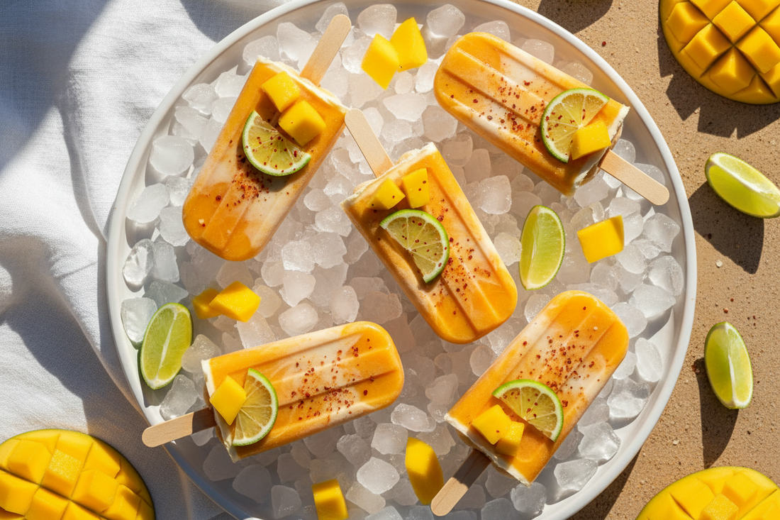 Image alt text: Overhead view of creamy mango coconut lime popsicles on crushed ice with lime slices, fresh mango, and a dusting of Tajín seasoning