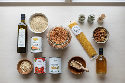 Assortment of Three Sisters pantry ingredients including dried beans, masa harina, hominy, and winter squash varieties