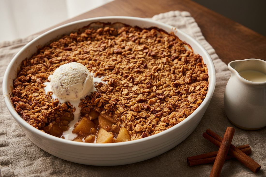 A warm maple apple crisp in a white ceramic baking dish with a golden oat-pecan topping and bubbling apple filling, a scoop of vanilla ice cream melting over one corner, with cinnamon sticks and a cream jug alongside on a linen cloth.