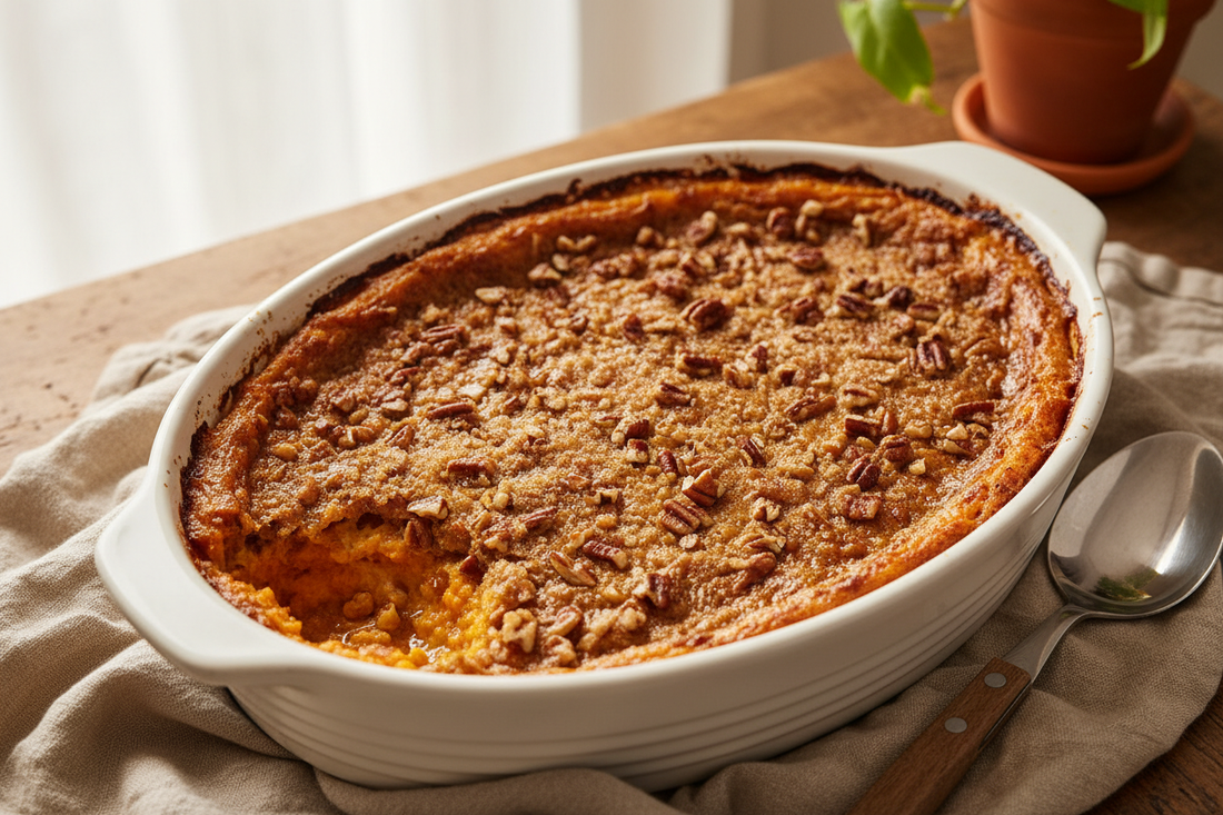 Maple-brown sugar sweet potato casserole in a white ceramic baking dish, topped with a golden caramelized pecan and brown sugar crust, with a serving spoon alongside on a linen cloth.