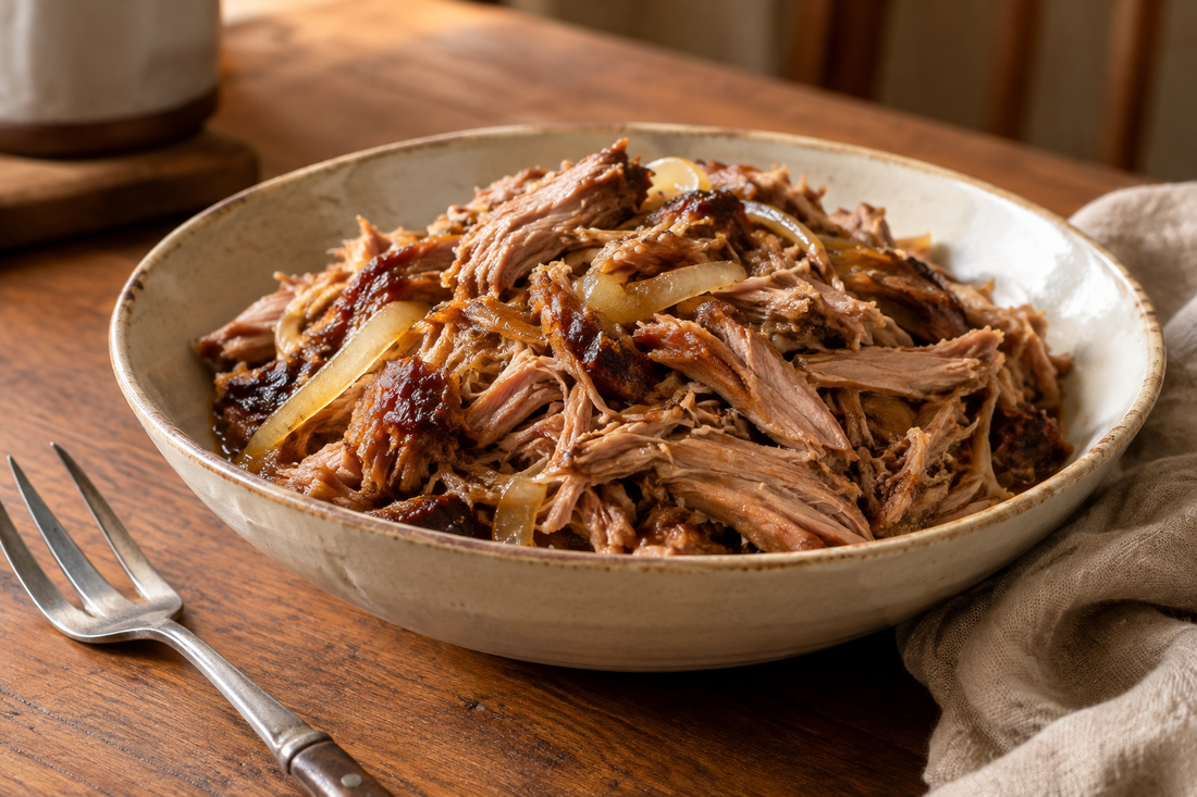a rustic ceramic bowl and tender, lightly glazed pulled pork