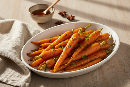  Maple dijon roasted carrots on a white ceramic platter, garnished with fresh parsley on a wooden table