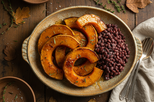 Maple-glazed Hubbard squash wedges with caramelized edges alongside tender adzuki beans, garnished with fresh thyme on a