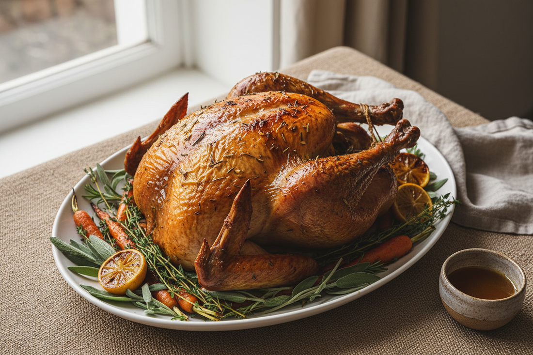 A whole maple-herb roast turkey with deeply golden, crispy skin on a white ceramic platter, garnished with fresh sage, thyme, rosemary and roasted lemon halves, photographed in soft natural window light.