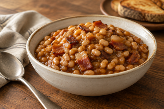 Navy beans with bacon in a rich maple-mustard sauce, served in a rustic ceramic bowl.