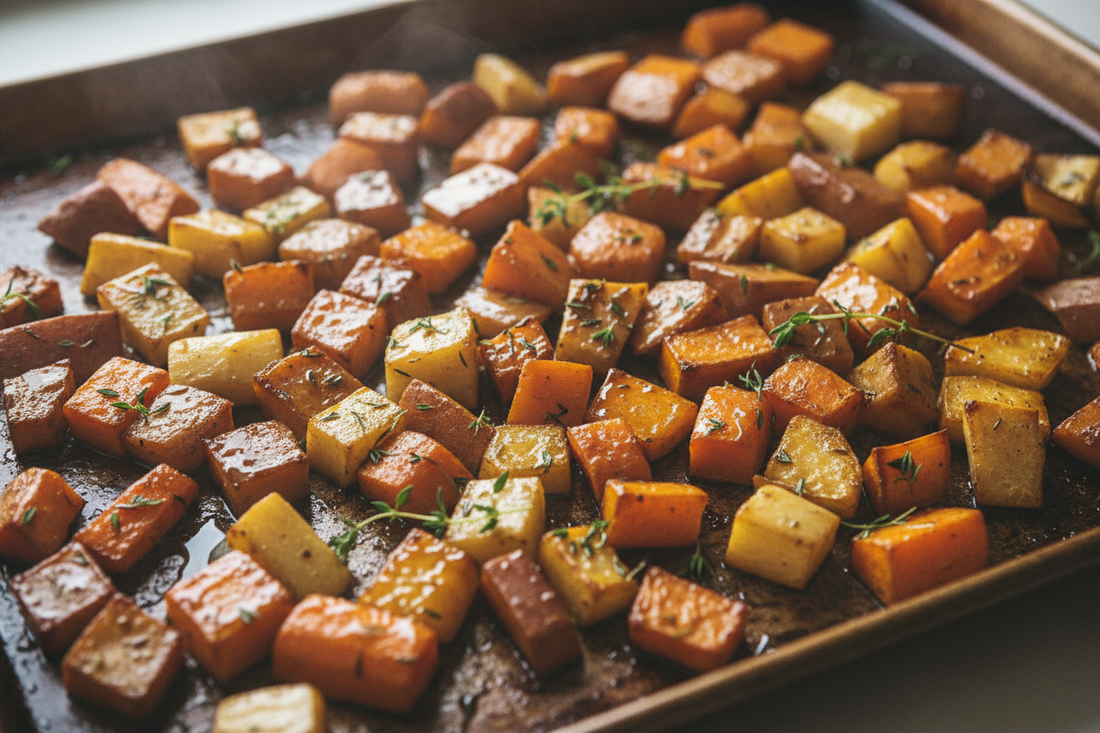 this one's an overhead close-up on the baking sheet, caramelized edges, maple glaze catching the light, fresh thyme scattered over