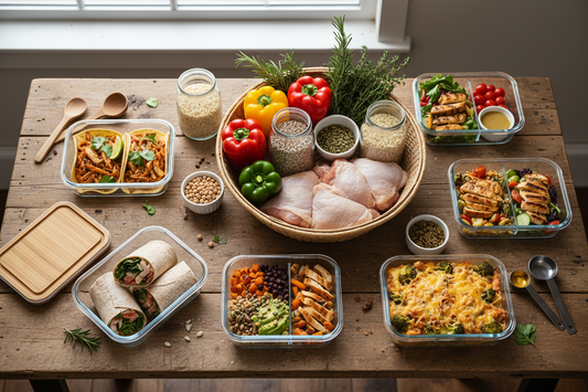Overhead view of market basket with fresh ingredients and five prepared meals in containers showing strategic meal planning and ingredient overlap