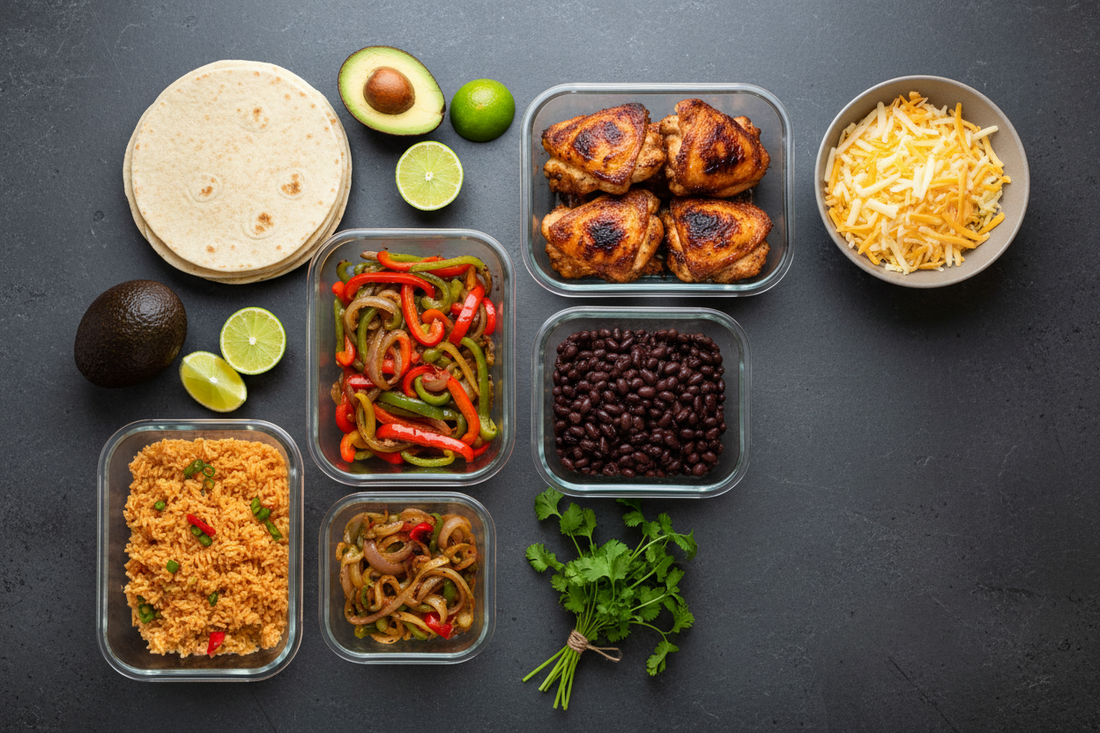 an overhead flat lay of the Tex-Mex weekly spread with roasted chicken, fajita veg, beans, rice, avocados, limes, tortillas, and cilantro on a dark slate surface in a premium editorial style