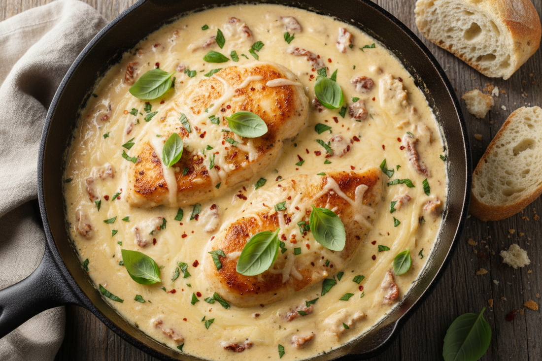 Golden-brown chicken breasts in a cast iron skillet covered with creamy Parmesan sauce, sun-dried tomatoes, and fresh basil garnish