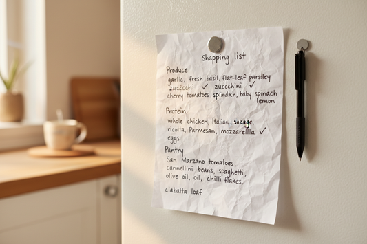 A handwritten Week 4 Italian Comfort shopping list pinned to a white refrigerator, with sections for Produce, Protein, Pantry, and Bakery listing ingredients including whole chicken, San Marzano tomatoes, fresh basil, ricotta, and ciabatta.