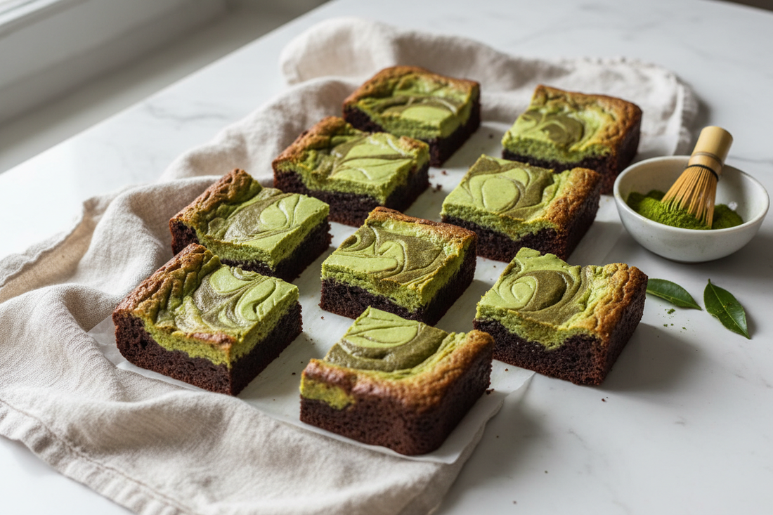 Matcha swirl cheesecake brownies cut into squares on a marble surface, showing a fudgy dark chocolate base with vibrant green matcha swirls, styled with a linen cloth and bowl of matcha powder.