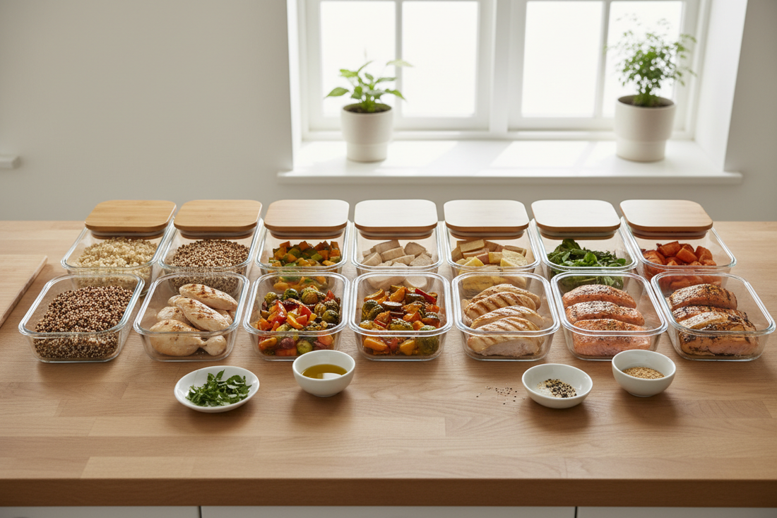 Meal prep components including grains, roasted vegetables, and proteins in glass containers on a wooden surface
