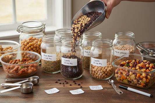 Hands measuring dried beans into glass jars for meal prep with organized batch cooking setup on kitchen counter