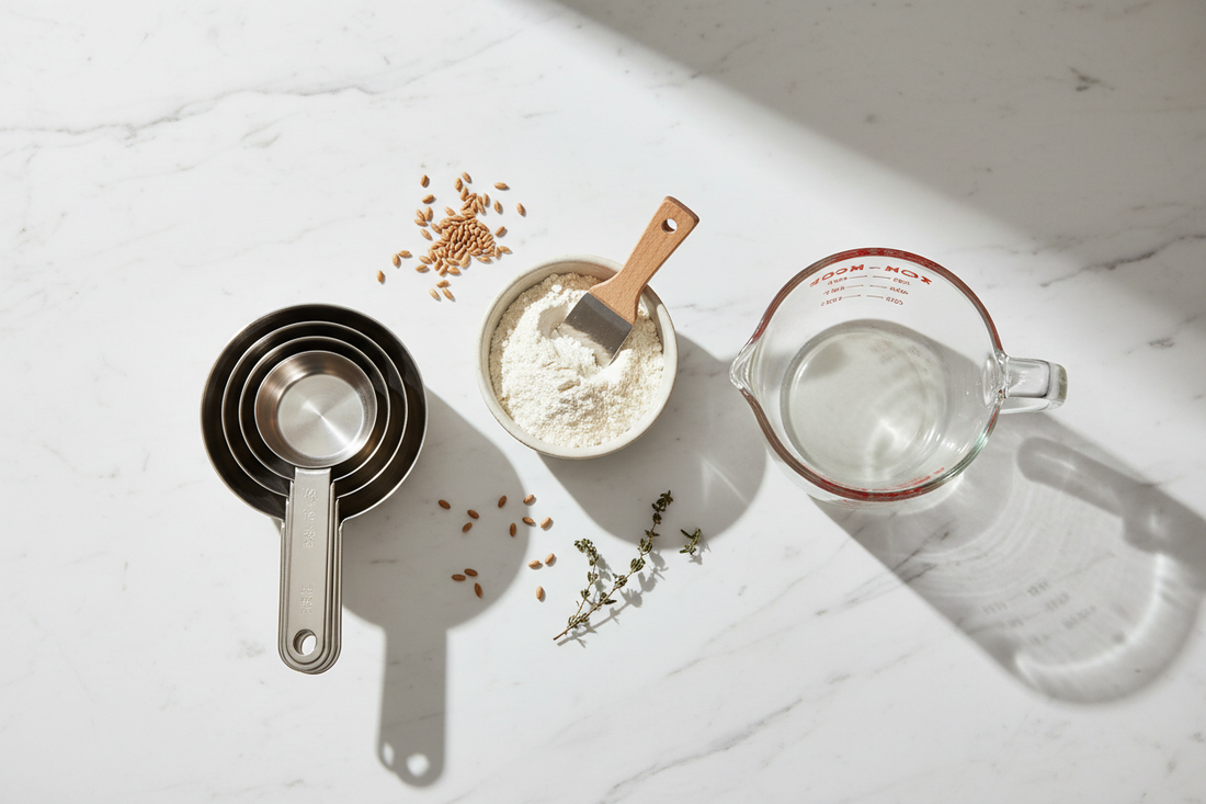 Overhead view of stainless steel dry measuring cups and glass liquid measuring cup with baking ingredients on marble countertop