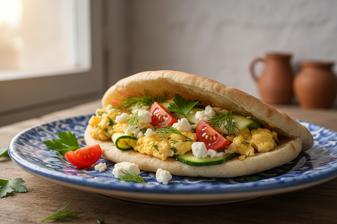 Creamy scrambled eggs with feta cheese, cherry tomatoes, and fresh herbs served in warm pita bread on a ceramic plate