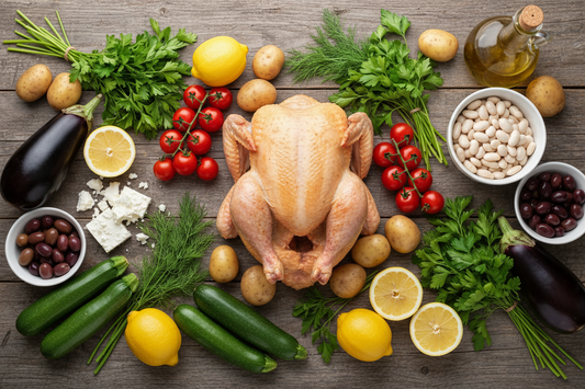 Mediterranean Fresh ingredients including whole chicken, lemons, fresh herbs, vegetables, white beans, feta cheese and olive oil arranged on wooden table