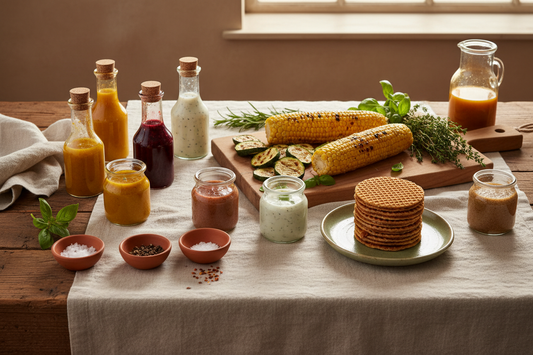  A late-summer kitchen table spread with glass jars of colourful vinaigrettes and dressings, grilled corn, zucchini, fresh herbs, and a stack of golden stroopwafels,