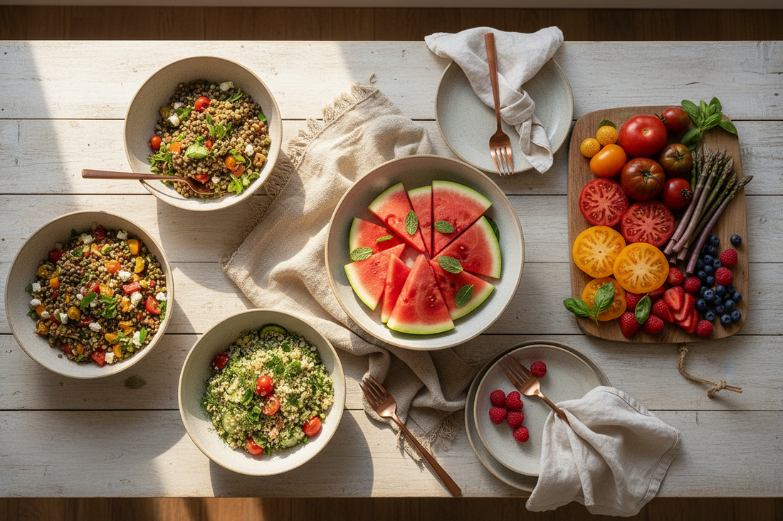 A broad summer table spread with chilled salads, watermelon, lentil bowls, and seasonal produce