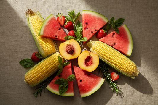 A styled flat lay of ripe peaches, watermelon, corn, strawberries, and herbs on warm linen with soft natural light