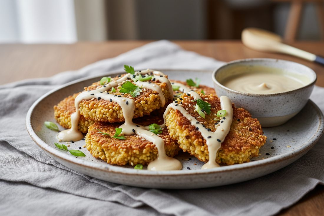 Golden crispy millet cakes on a rustic ceramic plate drizzled with creamy tahini sauce and garnished with fresh herbs and sesame seeds