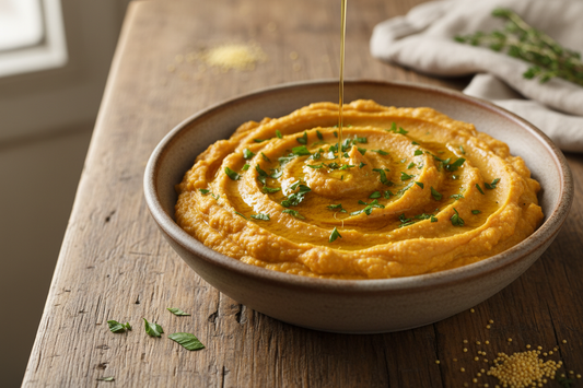 Creamy millet and sweet potato mash in a ceramic bowl garnished with fresh herbs and olive oil