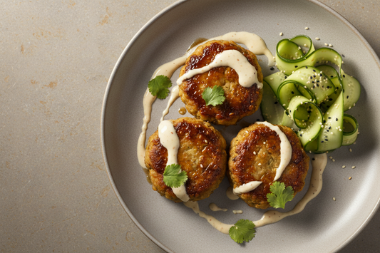 Overhead shot, golden-brown glazed patties with tahini drizzle, coriander, and cucumber ribbon salad on a warm stone surface