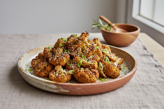 Miso-glazed roasted cauliflower florets on a ceramic platter, topped with toasted sesame seeds and sliced scallions.