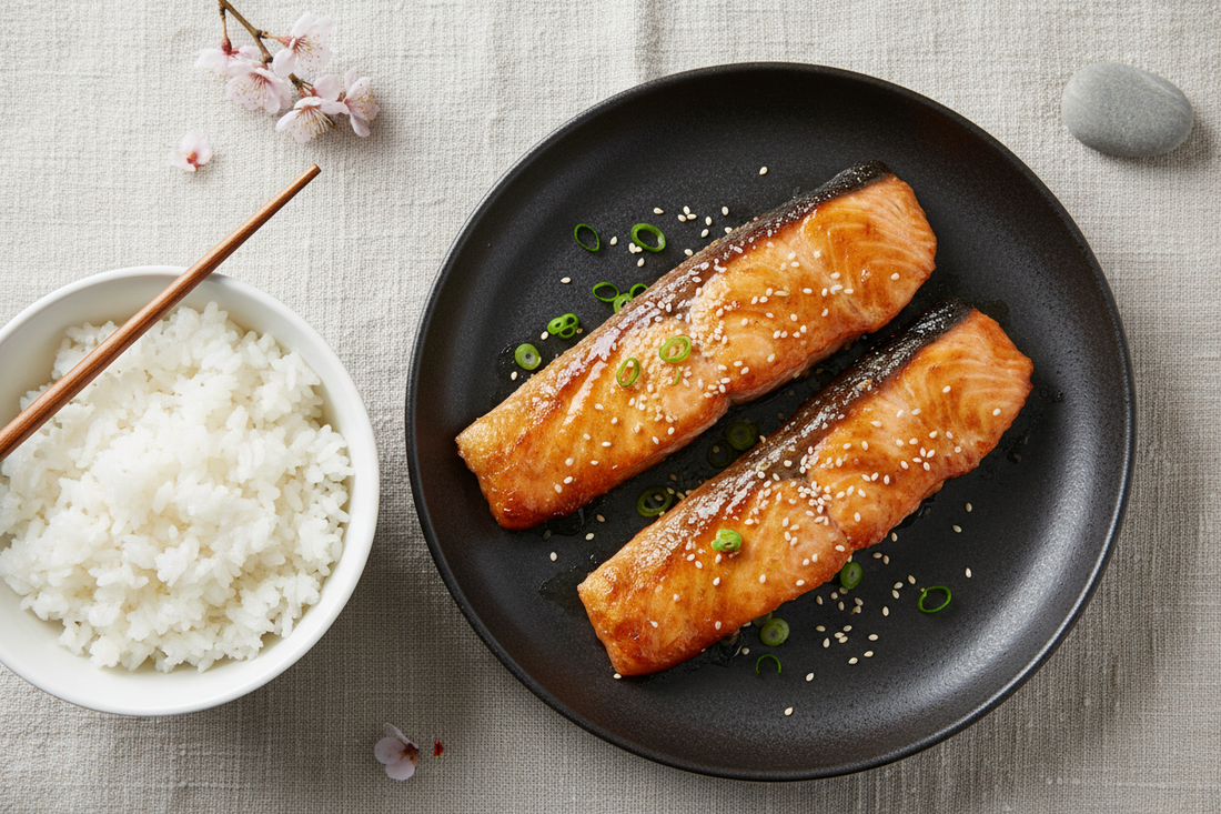 Miso glazed salmon fillets on a dark ceramic plate, caramelised and garnished with green onions and sesame seeds, served with steamed rice.