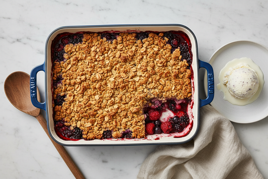 Mixed berry crumble in ceramic baking dish showing golden oat topping and bubbling berry filling with blueberries, strawberries, raspberries, and blackberries