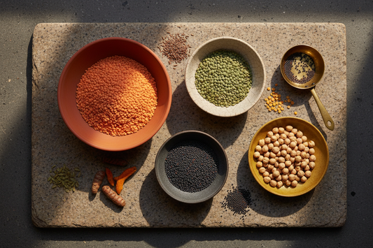 an overhead editorial shot of terracotta and ceramic bowls filled with red, green, and black beluga lentils alongside golden chickpeas