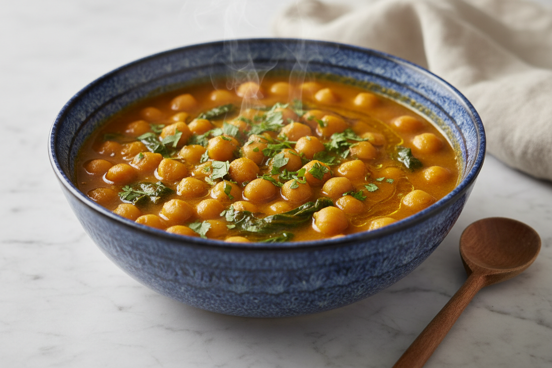 Moroccan chickpea and turmeric stew in a ceramic bowl, golden-orange broth with chickpeas and wilted spinach, steam rising — built on a full spice bloom in olive oil.