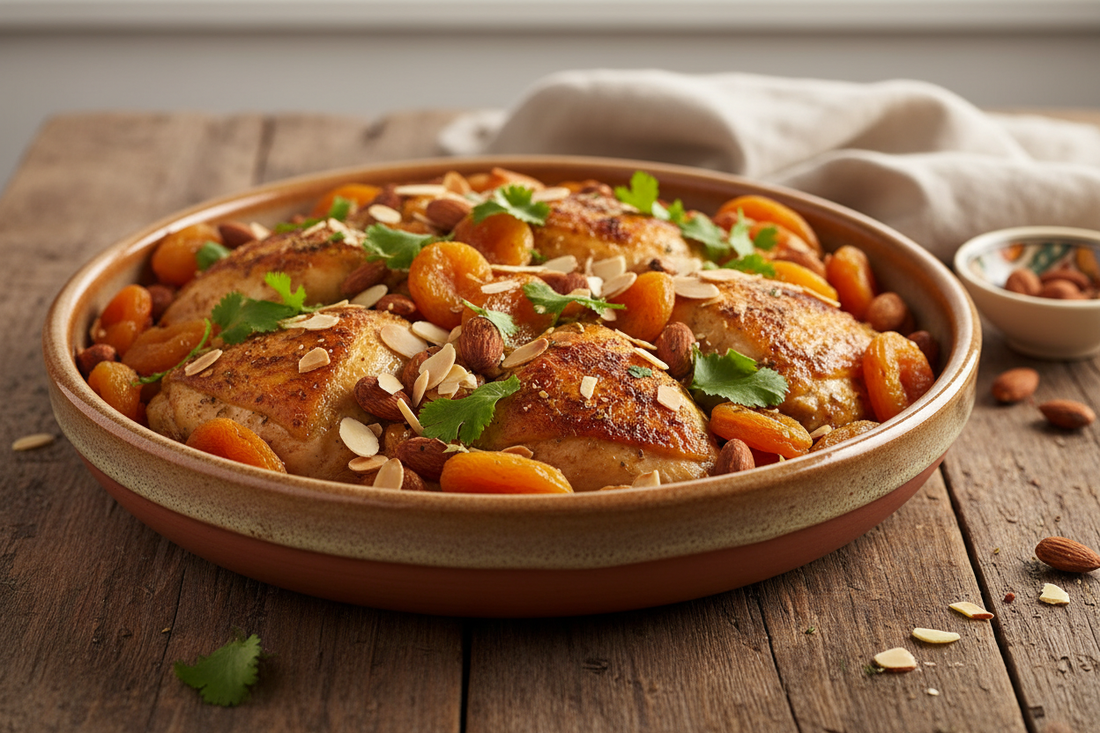 Moroccan spiced chicken with apricots and almonds in a 3-quart round ceramic bowl with golden-brown chicken and toasted almonds