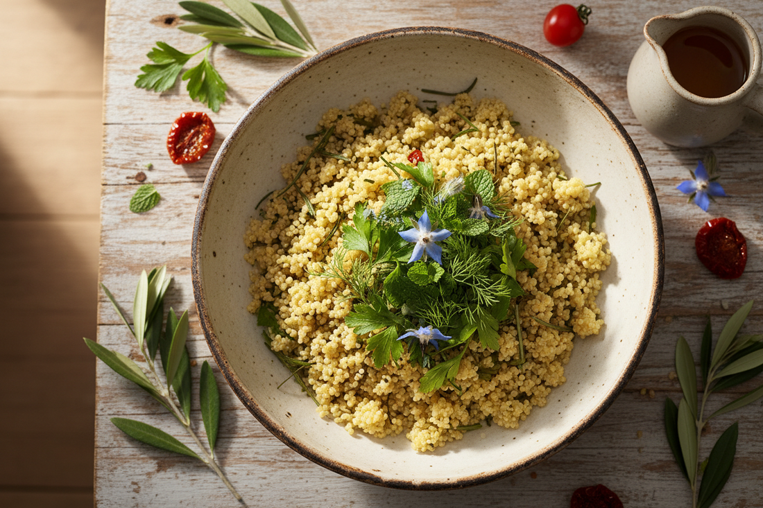 Bowl of fluffy quinoa infused with mountain tea, garnished with fresh herbs