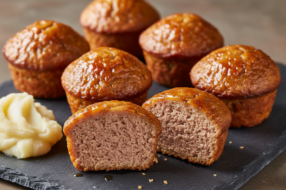 Six golden muffin tin meatloaves with sticky caramelised glaze on a dark slate surface, one cut in half to reveal a moist vegetable-flecked interior, with a side of mashed potato, shot at a 45-degree angle with soft natural side light