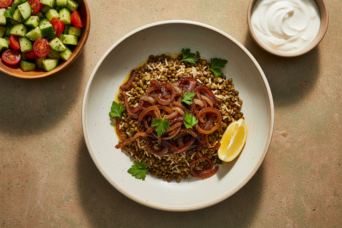 Overhead shot of the finished mujaddara bowl with caramelised onions, olive oil, parsley, yoghurt, and salad alongside on a warm stone surface.
