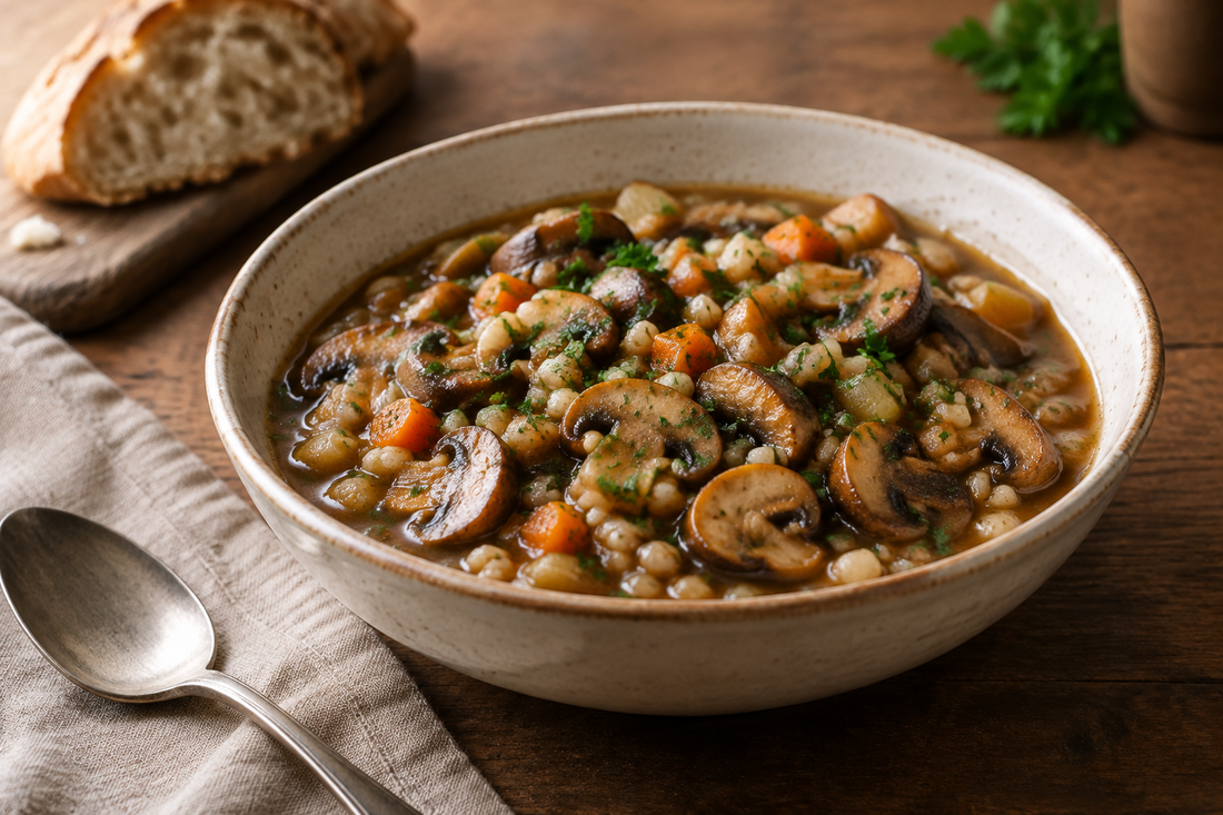 Mushroom and pearl barley stew with carrots, celery and fresh parsley in a rustic ceramic bowl.