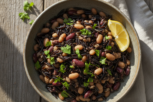 Native wild rice and bean medley in a rustic bowl showing dark elongated wild rice grains mixed with navy and cranberry beans,