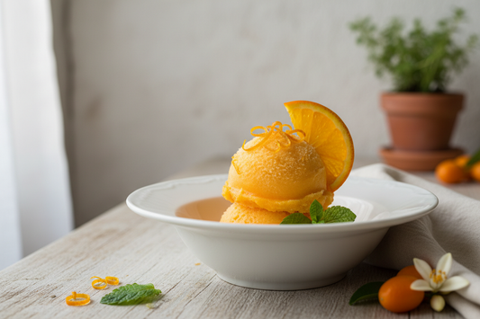 a vibrant orange sorbet scoop garnished with a fresh orange slice and zest curls
