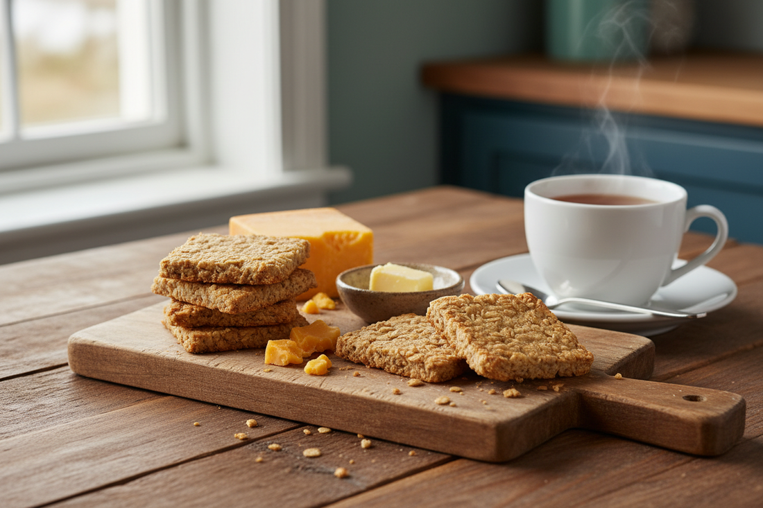 Nova Scotia oatcakes on a rustic wooden board with sharp cheddar cheese, butter, and tea