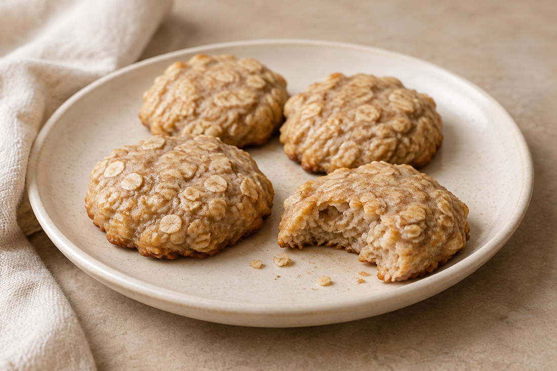 Homemade oatmeal banana cookies with visible rolled oats and lightly golden edges on a cream plate.