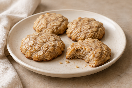 Homemade oatmeal banana cookies with visible rolled oats and lightly golden edges on a cream plate.