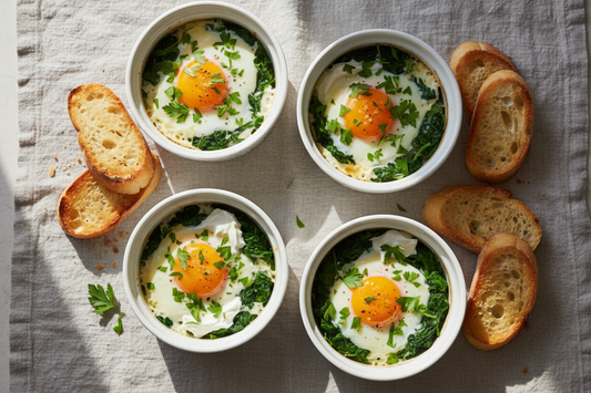 Top-down view of four white ramekins of oeufs en cocotte with silky set whites, golden yolks, wilted spinach, and fresh tarragon, served with toasted baguette on linen.