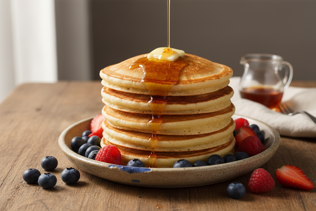 Stack of fluffy old-fashioned buttermilk pancakes on a rustic plate, golden-brown with melting butter and maple syrup dripping down the sides