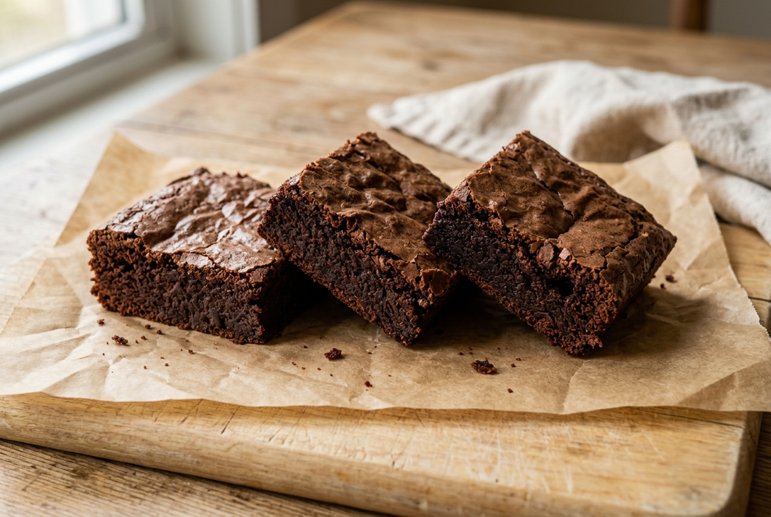 Homemade fudgy brownie squares with delicate crackly tops and dense chocolate centres on parchment over a wooden board.